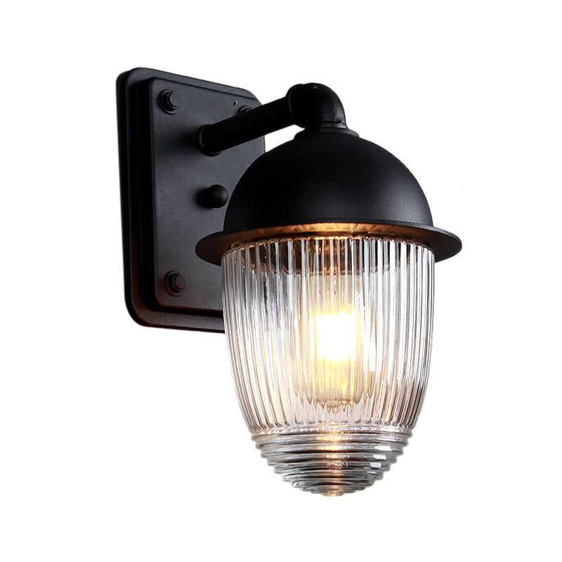 Industrial Ribbed Glass Black Sconce Light Thick Jelly Jar Wall Lamp 1-Light Fixture 5/6 Wide