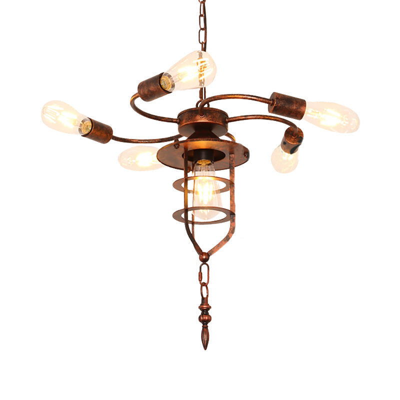 Rustic Antique Exposed Bulb Chandelier Light - 5 Lights Hanging Lamp With Wrought Iron Frame Perfect