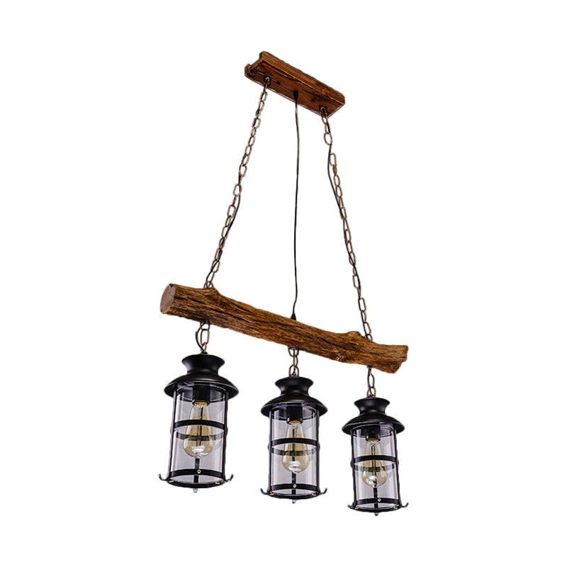 Nautical Clear Glass Cluster Pendant With Wood Design - Brown 2/3-Bulb Island Lighting
