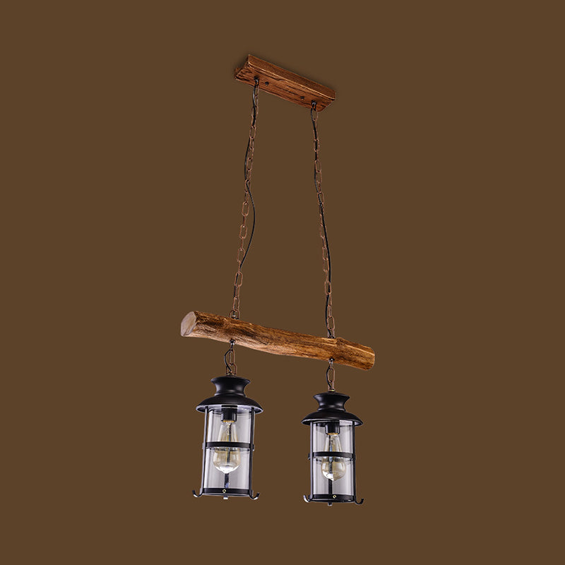 Nautical Clear Glass Cluster Pendant With Wood Design - Brown 2/3-Bulb Island Lighting
