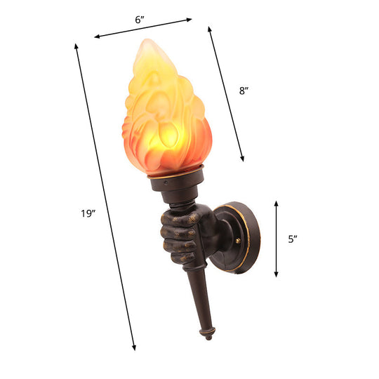 Black Wall Sconce With Amber Glass Torch And Hand Decor - Single Bulb Mount Light
