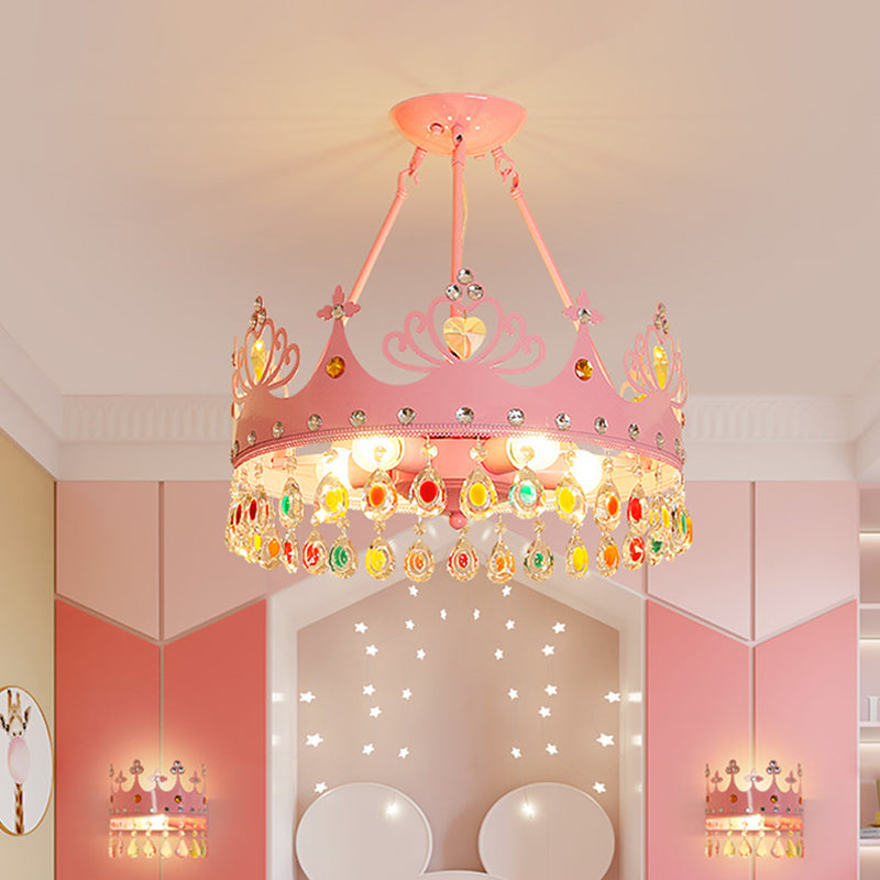 Modern Metal Crown Chandelier - 5-Light Pink/Gold Nursery Hanging Light Fixture Pink