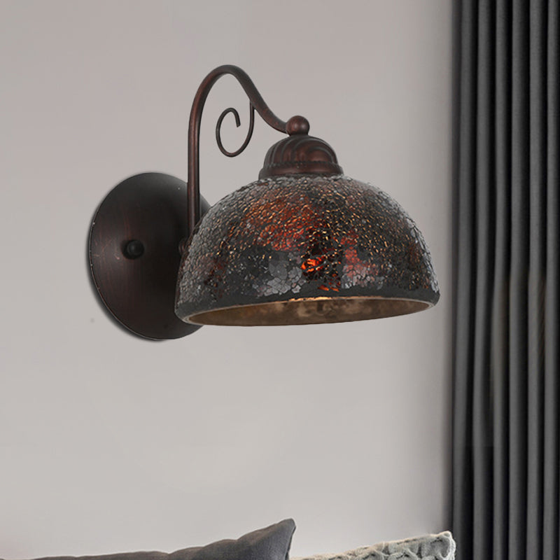 Antique Dome Sconce Lamp - Single Bulb Metal Curvy Arm Wall Lighting In Rust