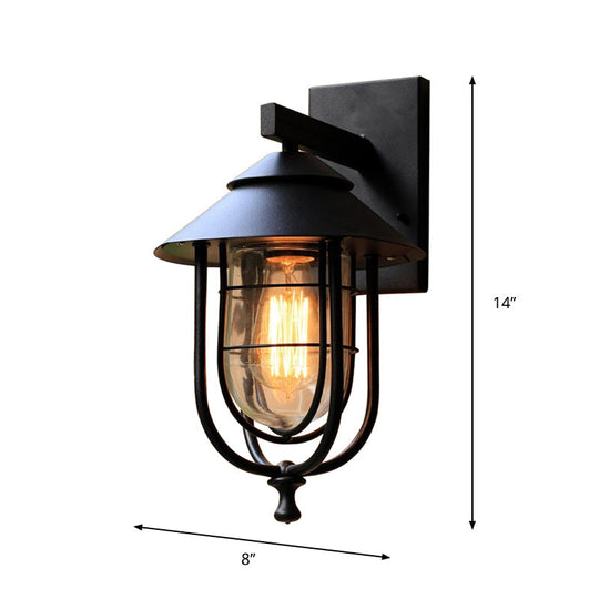Metal Lantern Balcony Wall Sconce With Oval Clear Glass Shade - Weathered Copper/Black Finish