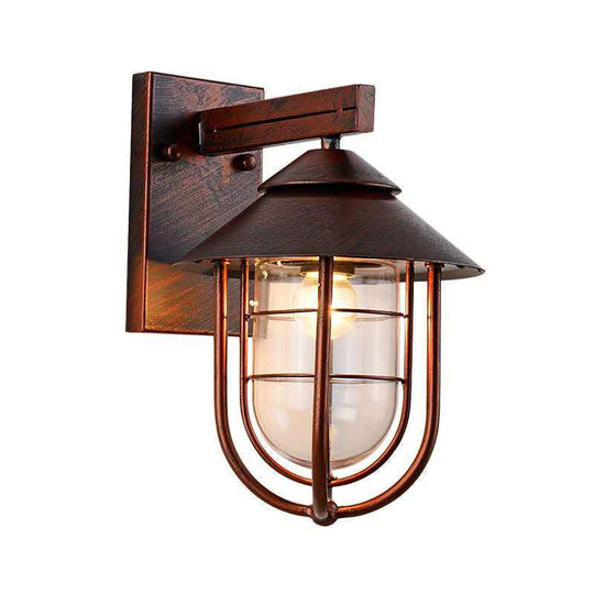 Metal Lantern Balcony Wall Sconce With Oval Clear Glass Shade - Weathered Copper/Black Finish