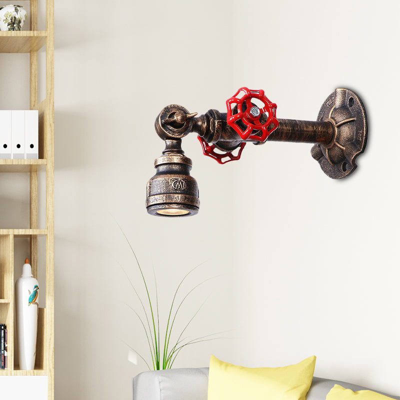 Industrial Water Pipe Wall Lamp - Wrought Iron Valve Design Bronze Finish