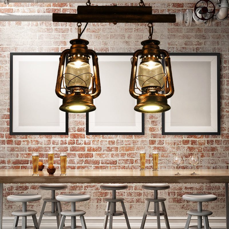 Copper Lantern Island Light With Clear Glass - 2-Bulb Kitchen Hanging Fixture Brass