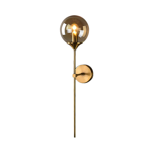Brass Globe Shade Wall Sconce - Modern Single Bulb Clear/Grey/Amber Glass Light For Bedroom