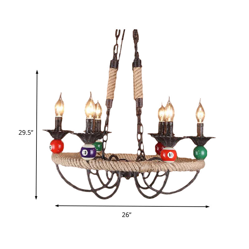 Industrial Metal Hanging Lamp: Roped Ring Bar, 3/6 Lights, Rust Chandelier with Billiard Ball Decoration