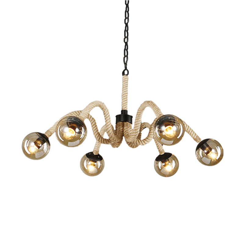 Industrial Loft 6-Head Beige Rope Chandelier with Tan Glass Shade for Bar Ceiling