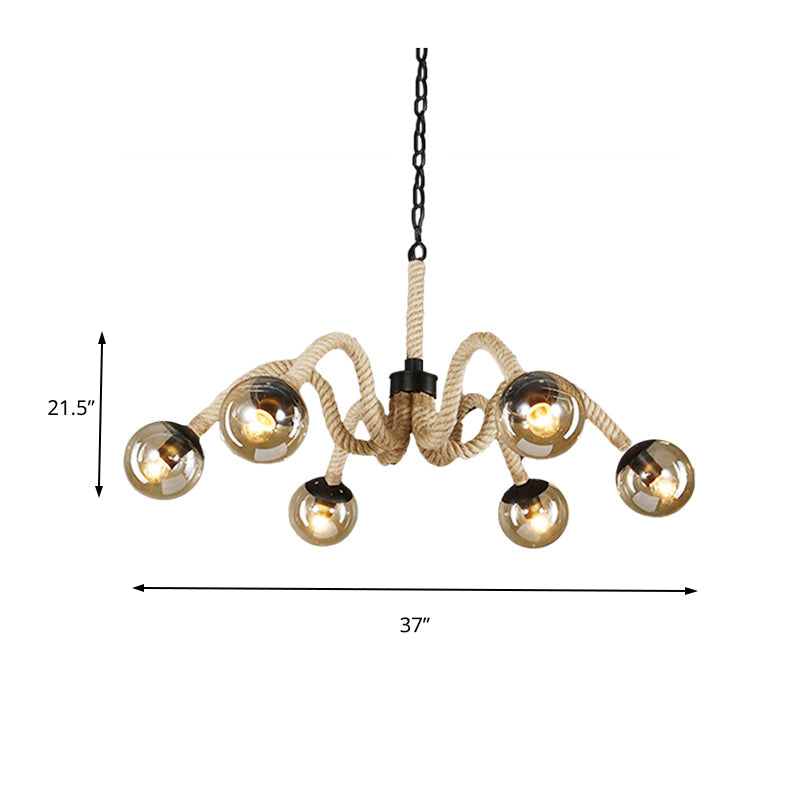 Industrial Loft 6-Head Beige Rope Chandelier with Tan Glass Shade for Bar Ceiling