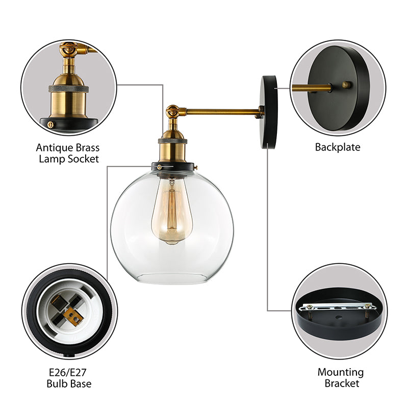 Sleek Spherical Brass Wall Light Fixture With Clear Glass - Industrial Style 1-Light Sconce Lamp For