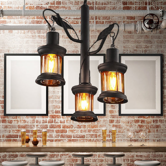 Coastal Black Lantern Chandelier With Clear Glass Pendant And 3 Lights - Ceiling Fixture
