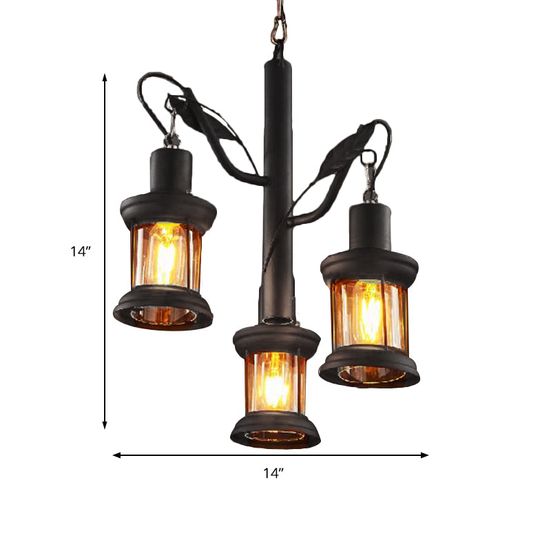 Coastal Black Lantern Chandelier With Clear Glass Pendant And 3 Lights - Ceiling Fixture