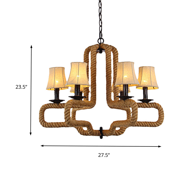 Loft Style 6-Head Brown Chandelier Light With Fabric Bell Shades And Rope Detail - Ideal For