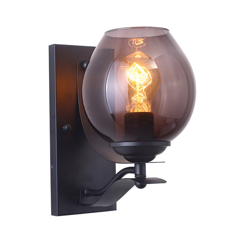 Industrial Black Wall Sconce With Grey Glass Orb Shade - Coffee Shop Light Fixture