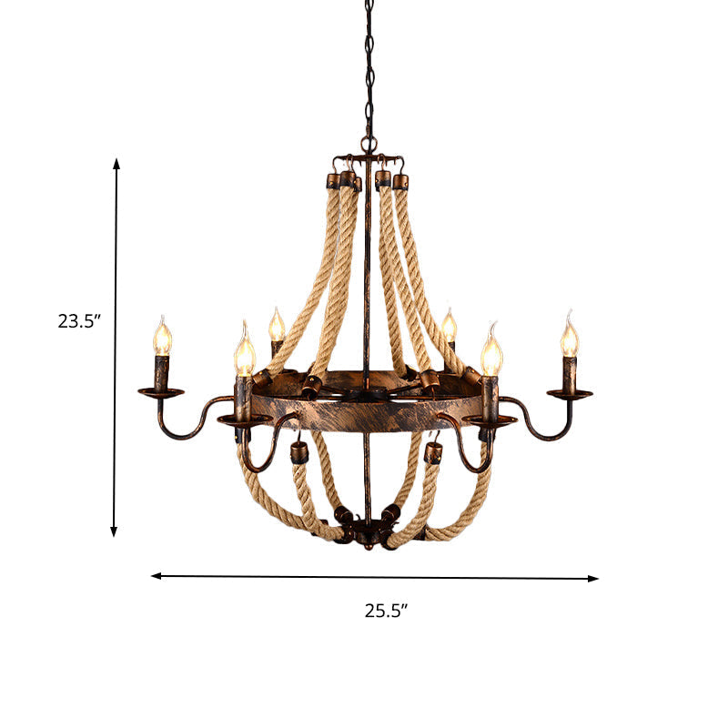 Rustic 6-Light Indoor Hanging Lamp: Flameless Candle Iron Chandelier With Hemp Rope - Farmhouse