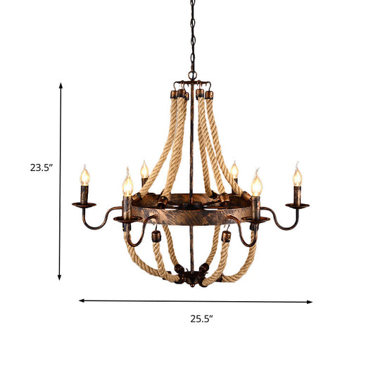 Rustic 6-Light Indoor Hanging Lamp: Flameless Candle Iron Chandelier With Hemp Rope - Farmhouse