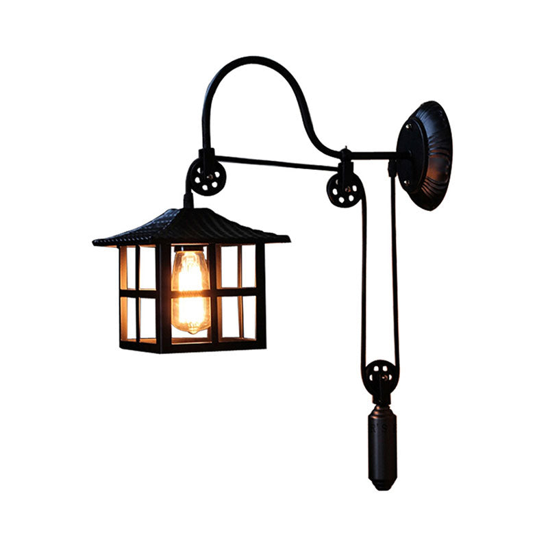 Farmhouse-Style Metal Wall Lamp With Pulley And 1 Light - Square/Rectangle Cage Indoor Décor In