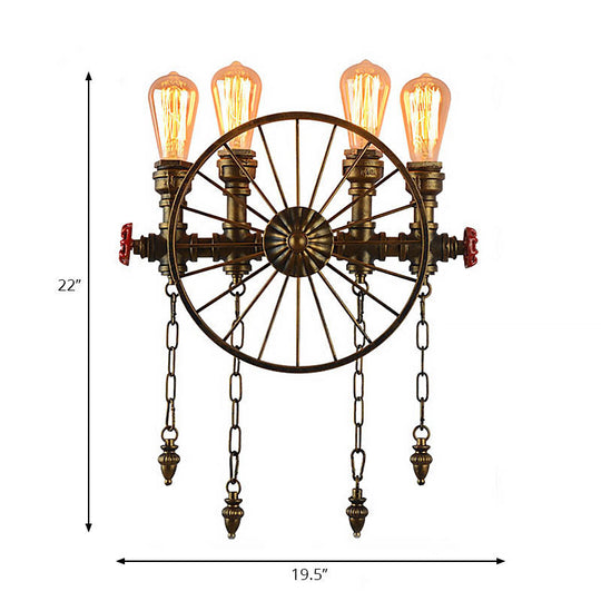 Industrial Rustic Bronze/Silver Metal Sconce Lighting - 4-Light Wheel Wall With Exposed Bulb Ideal
