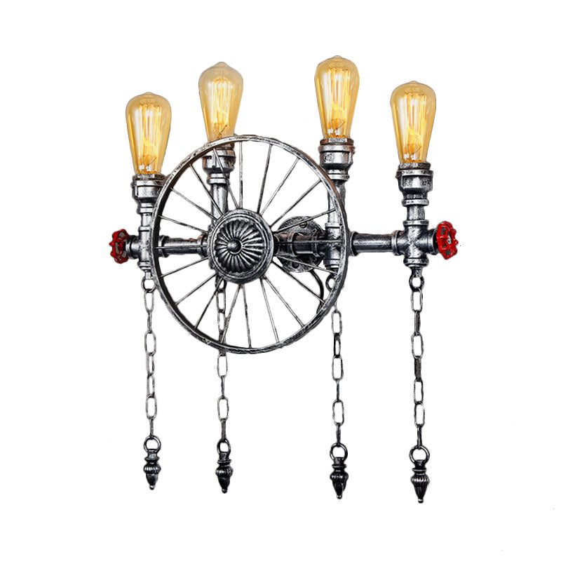 Industrial Rustic Bronze/Silver Metal Sconce Lighting - 4-Light Wheel Wall With Exposed Bulb Ideal