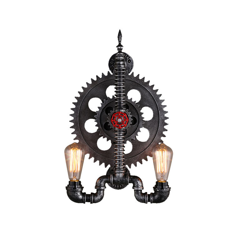 Farmhouse Black Finish Wall Lamp With Gear Design - 2-Light Open Bulb Metallic Mountable Over Table