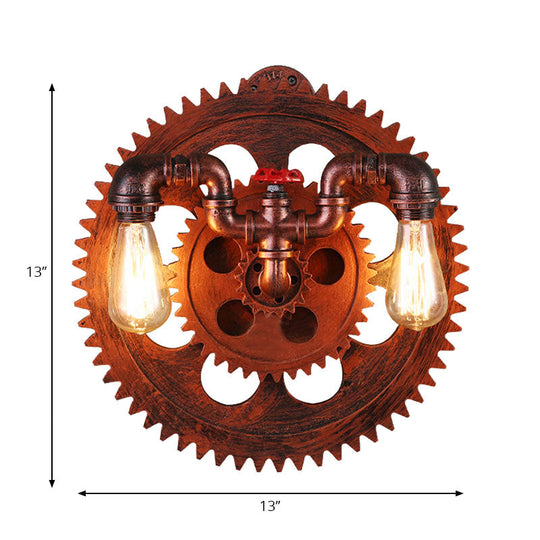 Vintage Style 2-Light Farmhouse Wall Sconce With Iron Exposed Bulbs Copper Finish And Gear