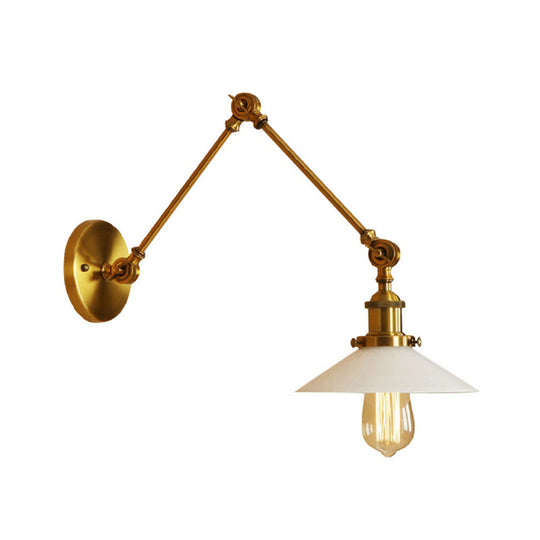 1-Light Saucer Shade Wall Sconce With Swing Arm - Industrial Brass/Bronze Finish And Frosted Glass