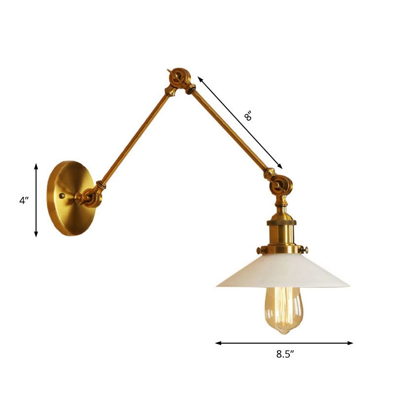 1-Light Saucer Shade Wall Sconce With Swing Arm - Industrial Brass/Bronze Finish And Frosted Glass