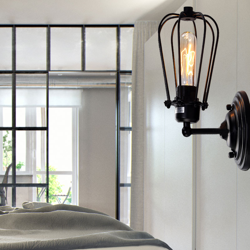 Industrial Black Iron Wall Mount Sconce With Wire Frame - 1 Light Mini Lamp For Corridor