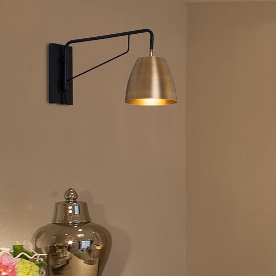Brass Loft Style Wall Sconce With Metallic Barrel Shade - 1 Light Angle Arm Lighting For Bedroom