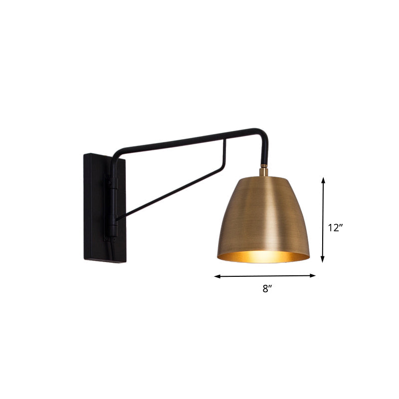 Brass Loft Style Wall Sconce With Metallic Barrel Shade - 1 Light Angle Arm Lighting For Bedroom