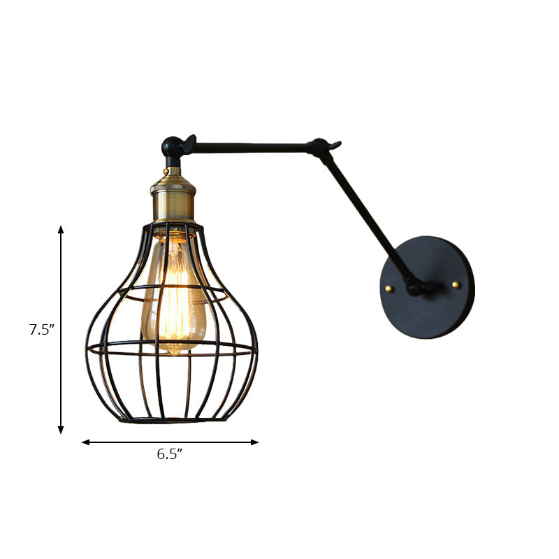 Modern Black Metal Wall Sconce With Adjustable Arm And Cage Shade - Retro Style Lighting 1 Light