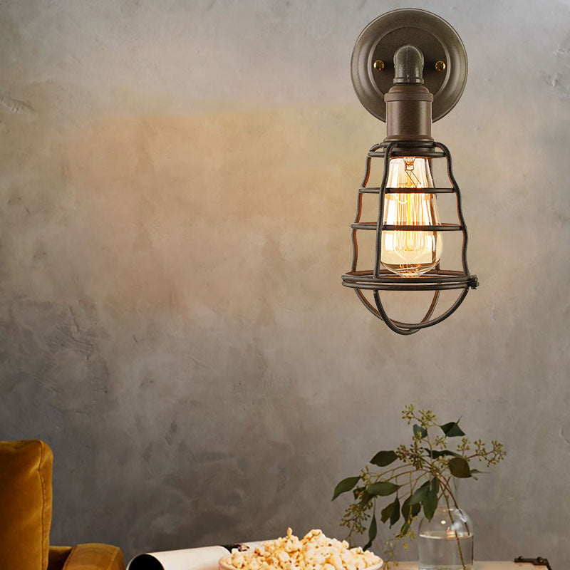 Farmhouse Rust Finish Mini Wall Lamp With Cage Shade - Antique Style Iron 1-Light Mount Lighting