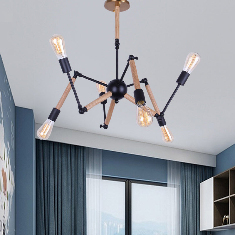 Lodge Style Open Bulb Chandelier: Adjustable 6/8-Head Wood And Metal Ceiling Light Fixture 6 /