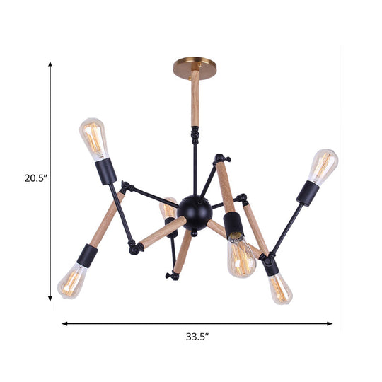 Lodge Style Open Bulb Chandelier: Adjustable 6/8-Head Wood And Metal Ceiling Light Fixture