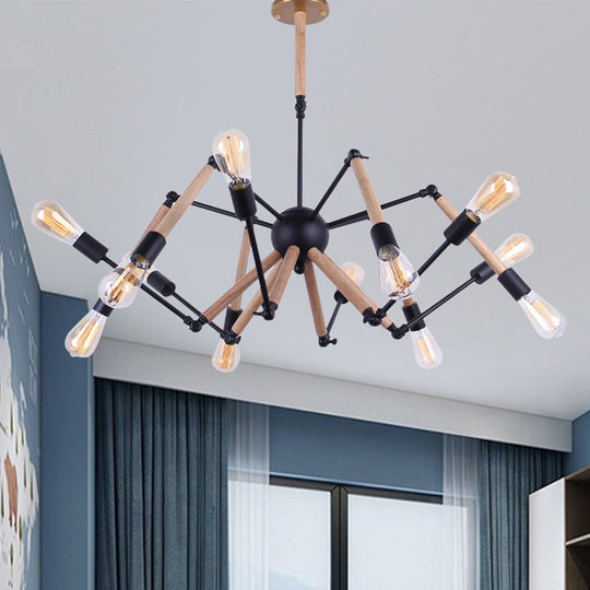 Lodge Style Open Bulb Chandelier: Adjustable 6/8-Head Wood And Metal Ceiling Light Fixture 12 /