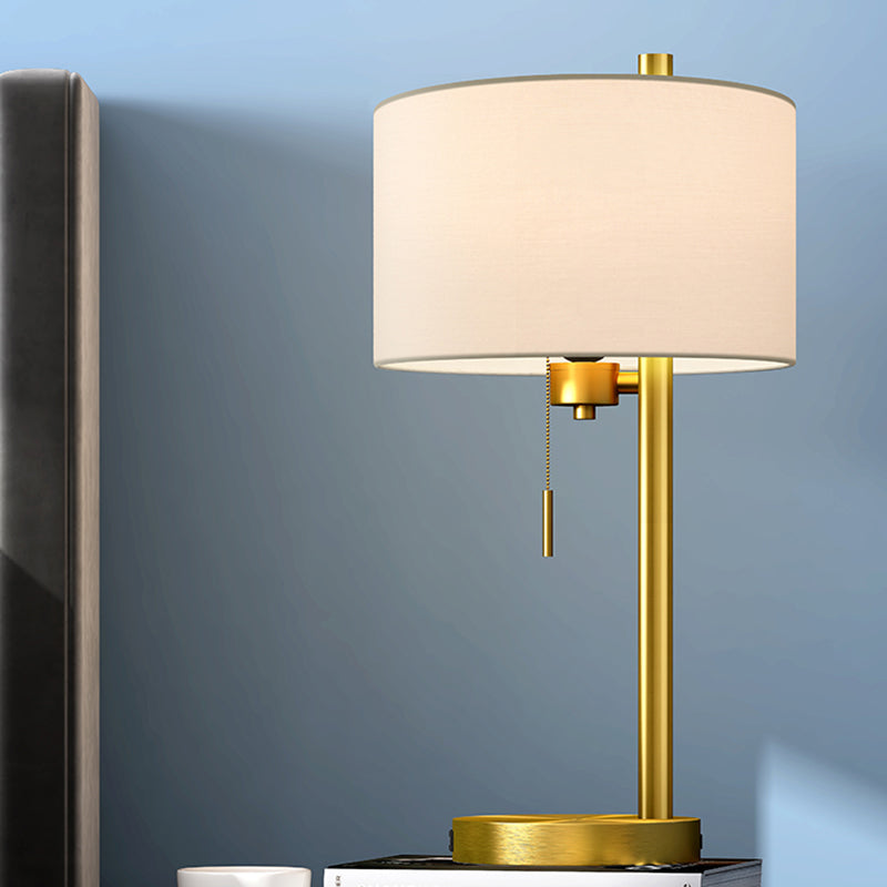 Rustic Fabric Drum Reading Lamp: Single Bulb Nightstand Light Gold Finish