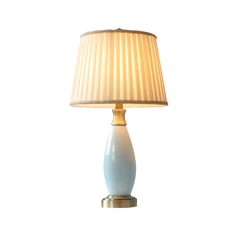 Retro Style Ridged Cone Night Light Fabric Desk Lamp With Blue Ceramic Oval Decor