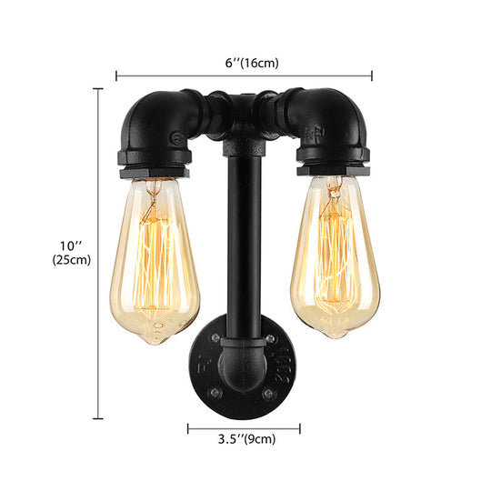 Industrial Wall Mounted Lamp With 2 Open Bulbs And Pipe Design In Bronze/Black For Bathroom