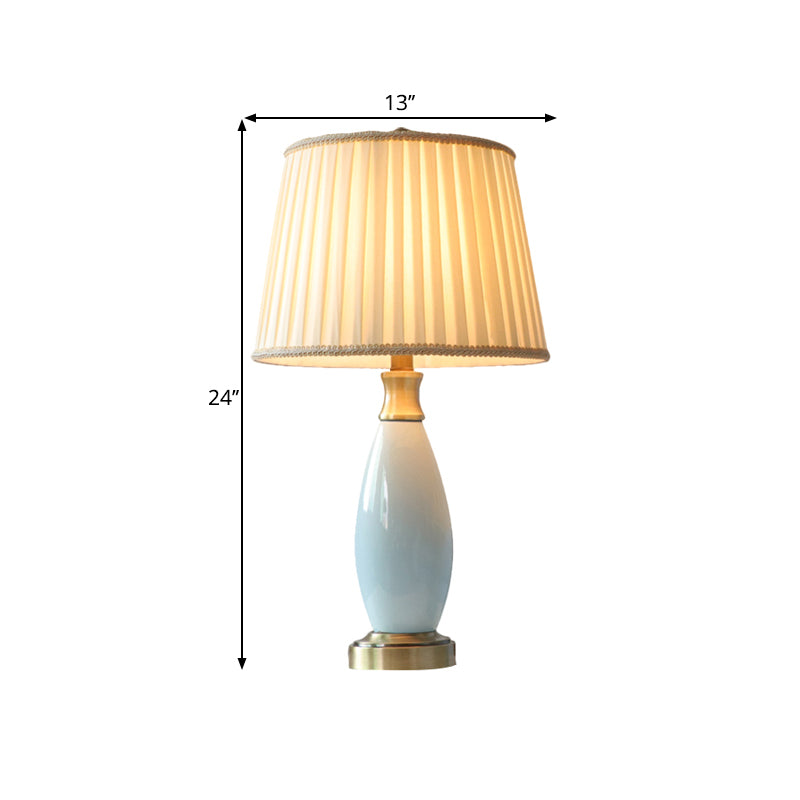 Retro Style Ridged Cone Night Light Fabric Desk Lamp With Blue Ceramic Oval Decor
