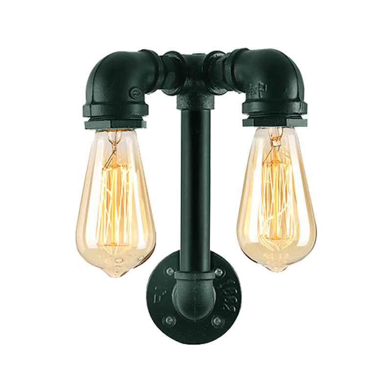 Industrial Wall Mounted Lamp With 2 Open Bulbs And Pipe Design In Bronze/Black For Bathroom