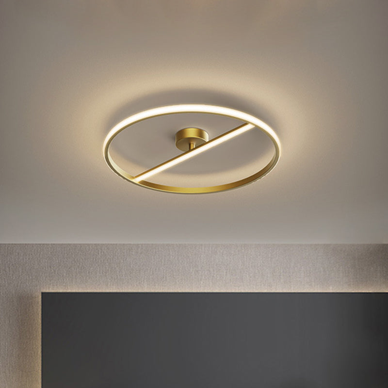 Modern Led Gold Semi-Flush Ceiling Light Fixture With Ring And Linear Metal Design Warm/White