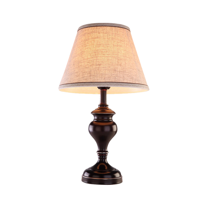 1-Light Brown Reading Lamp - Tapered Fabric Nightstand Lighting For Bedroom