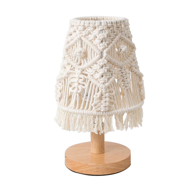Modernistic Conical Nightstand Lamp: Fabric Shade White Reading Light With Fringe Décor