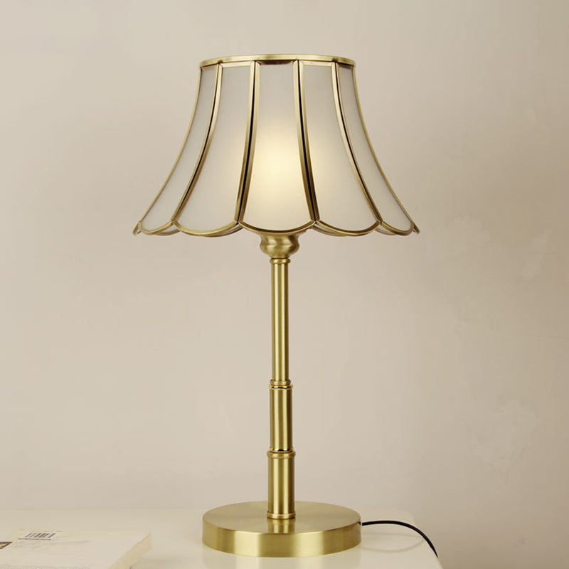 Vintage White Glass Scalloped Bedside Desk Lamp With Brass Finish - 1-Bulb Reading Book Light