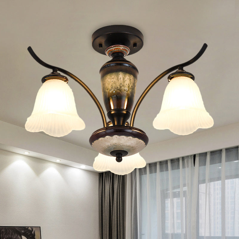 Black Country Flower Semi Flush Mount Ceiling Light With Opal Ribbed Glass - 3/6/8 Heads 3 /