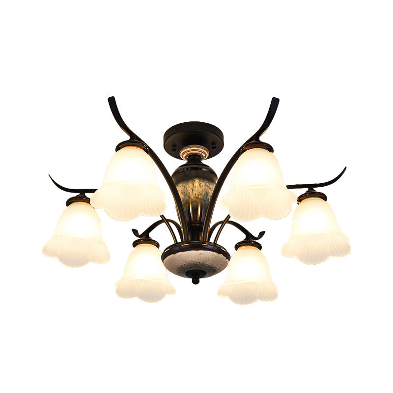 Black Country Flower Semi Flush Mount Ceiling Light With Opal Ribbed Glass - 3/6/8 Heads