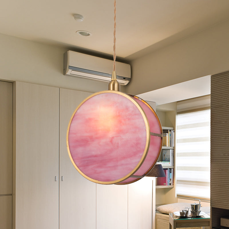 Nordic 1-Light Hanging Lamp Kit - Pink/Blue Glass Shade With Brass Pendant Fixture Pink