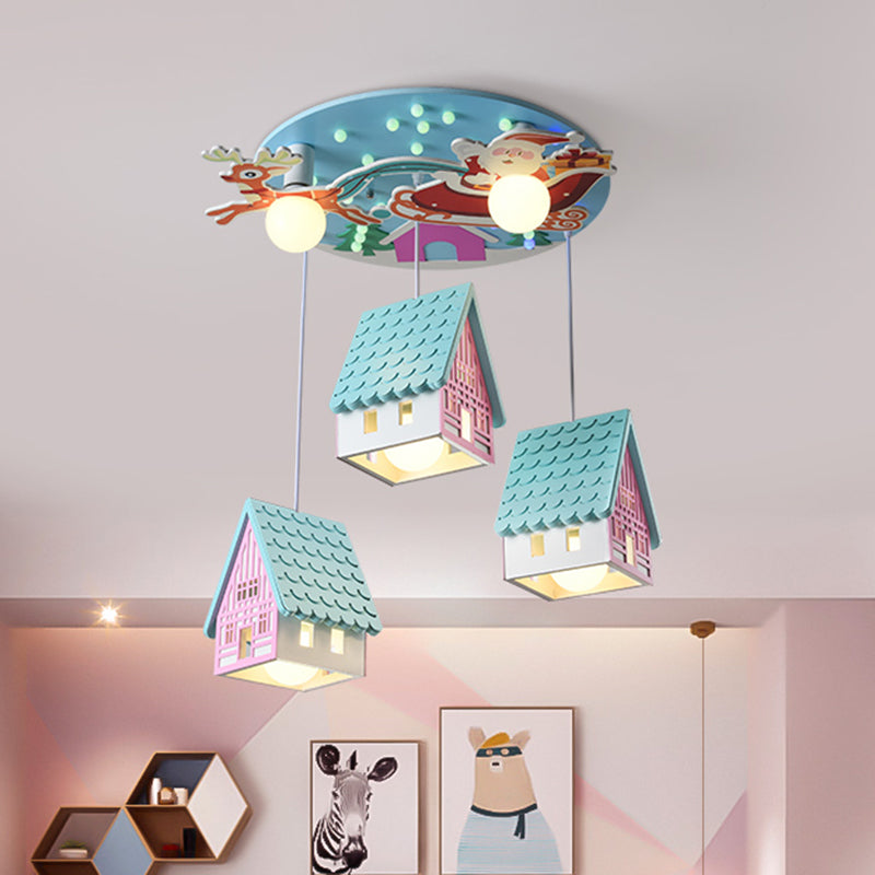 Blue House Pendant Lighting Cartoon 5-Head Wooden Ceiling Light With Santa Claus And Deer Decor